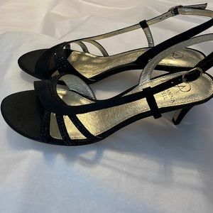Adrianna Papell black satin rhinestone high heel sandals. Never worn.